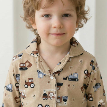 Farm Tractor Button Boy Pajama Set- Brown