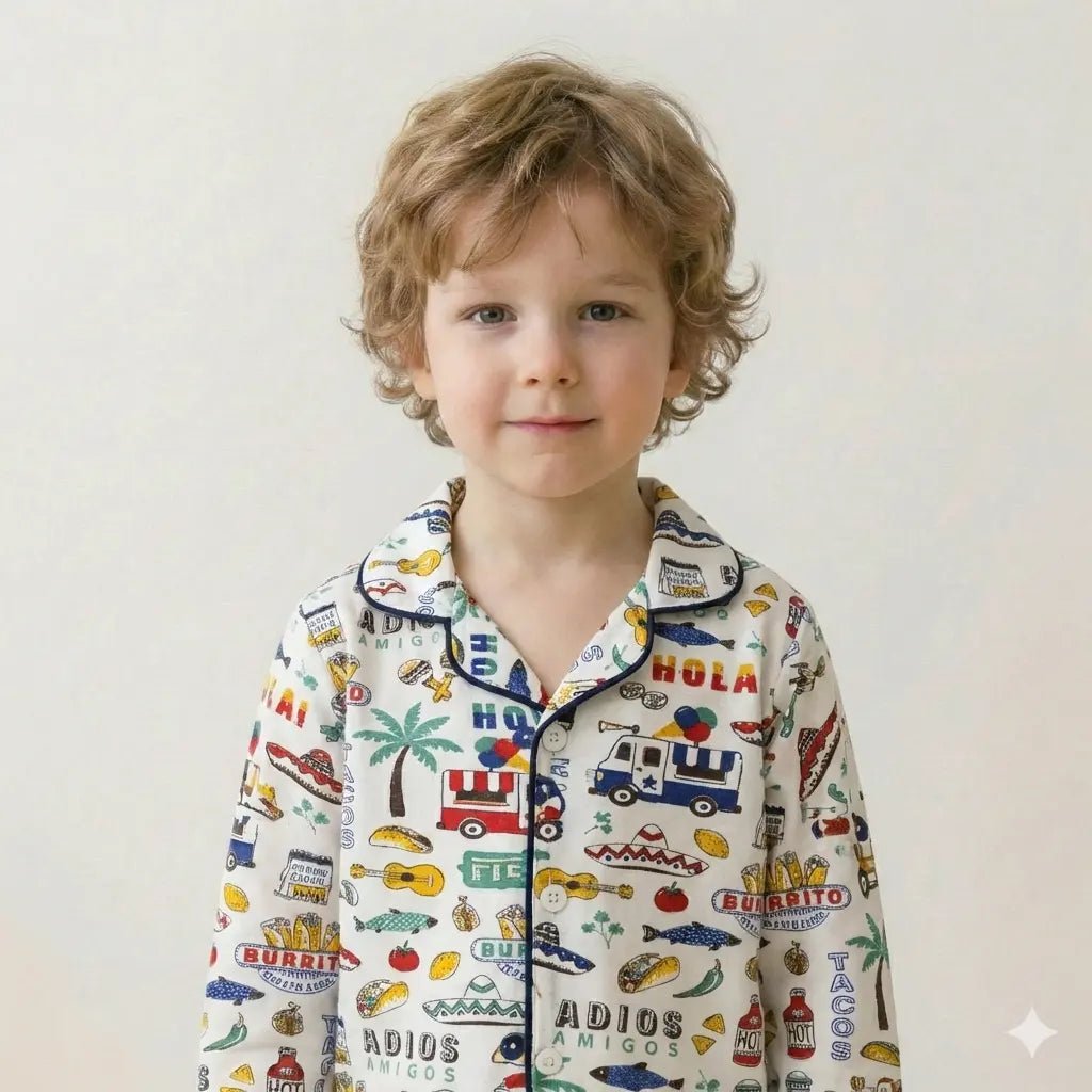 Mexican City Button Boy Pajama Set- White