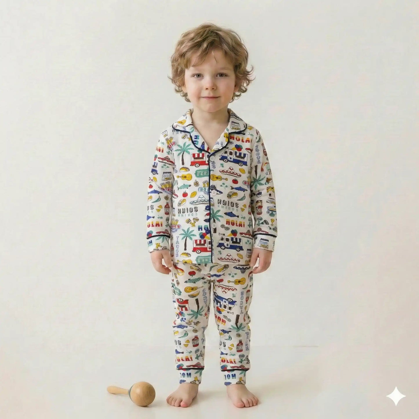 Mexican City Button Boy Pajama Set- White