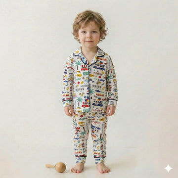Mexican City Button Boy Pajama Set- White