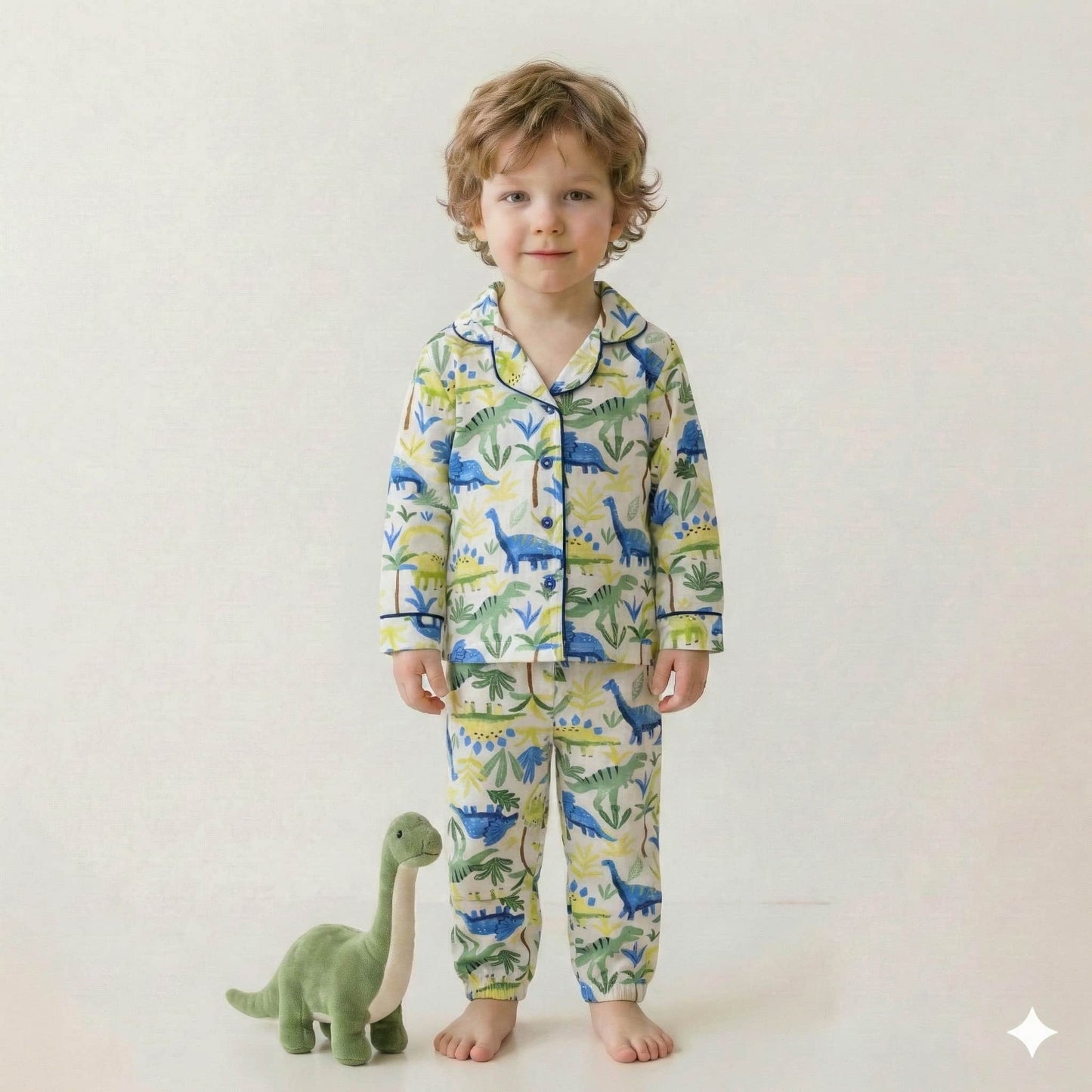 Tropical Dino Button Boy Pajama Set- White