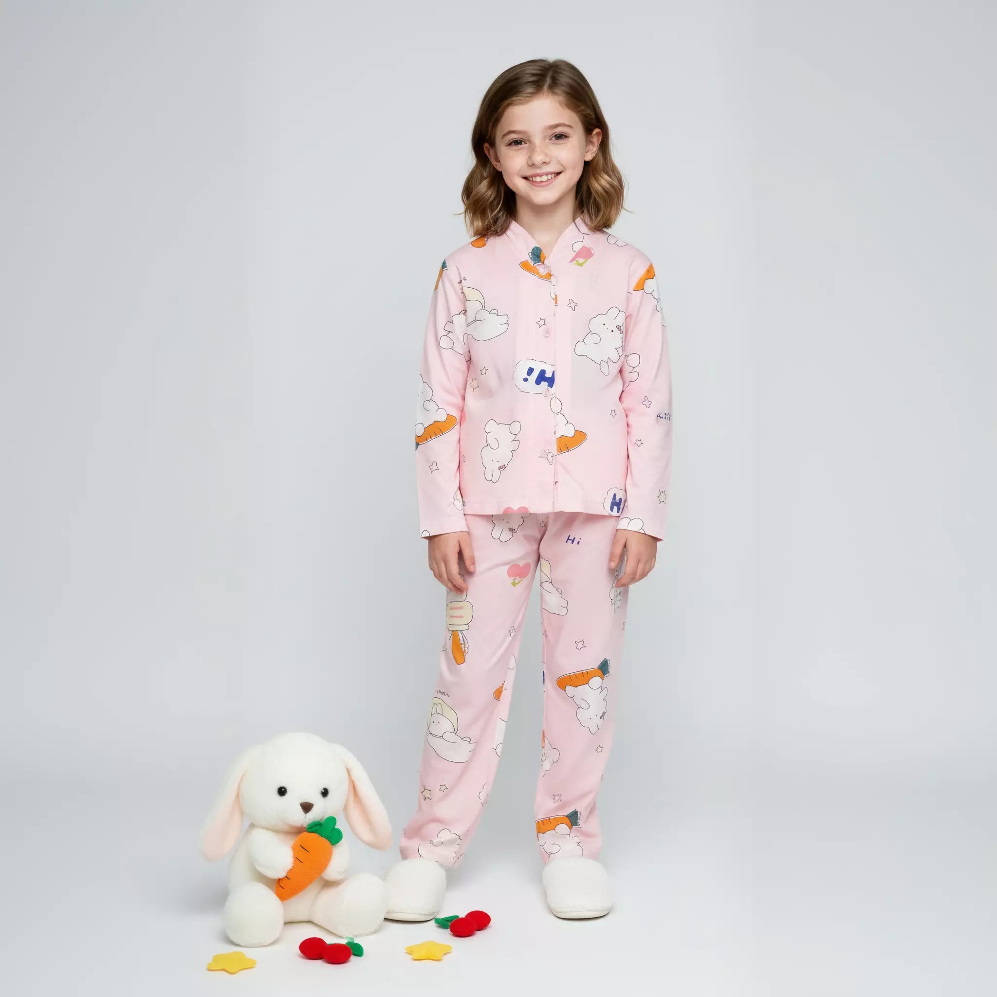 Bunny Carrot Girls Rayon Button Pajama Set - Pink