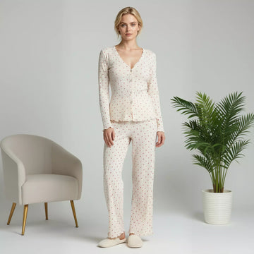 Red Heart Full Button Women Pajama Set- Beige