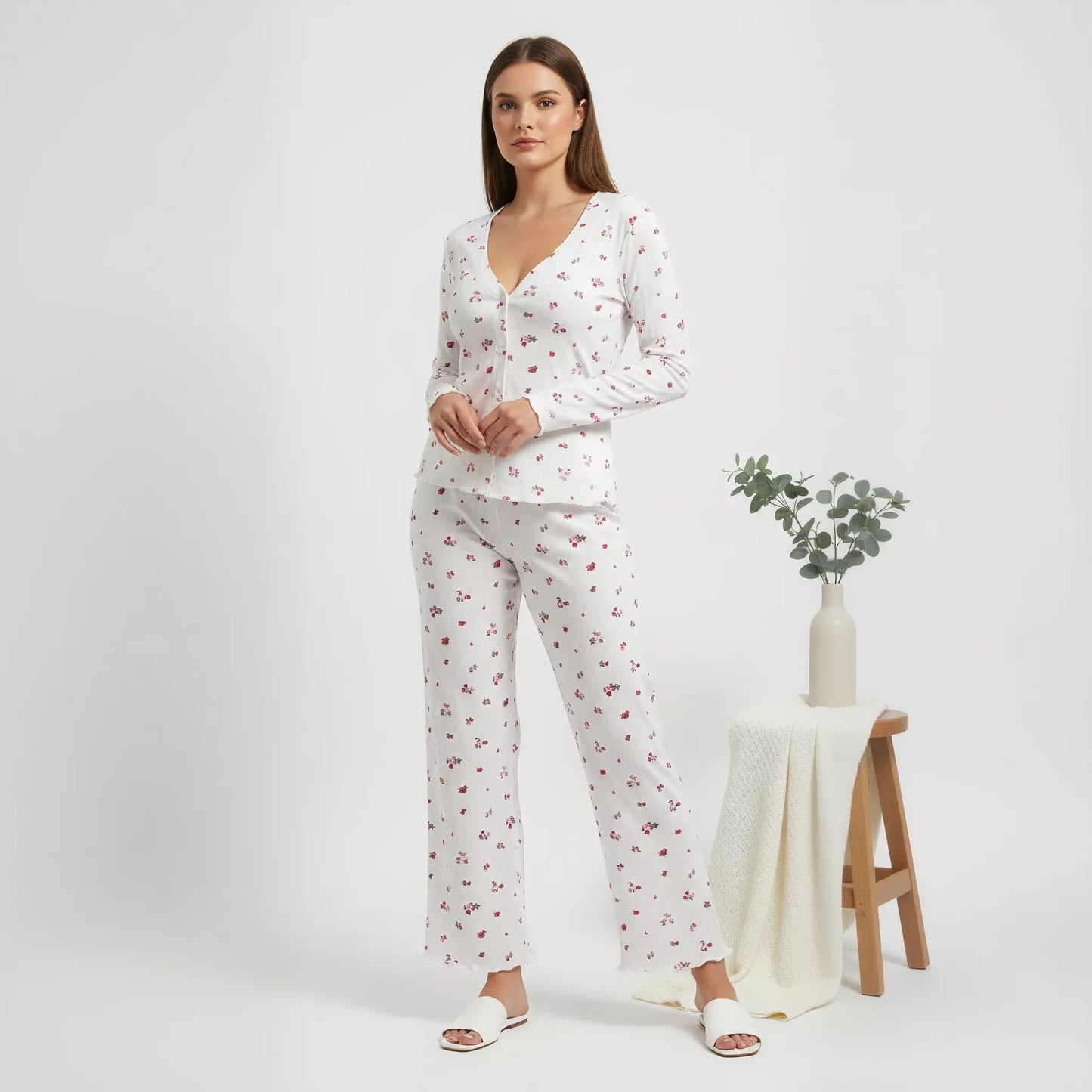 Rose Flower Full Button Women Pajama Set- White