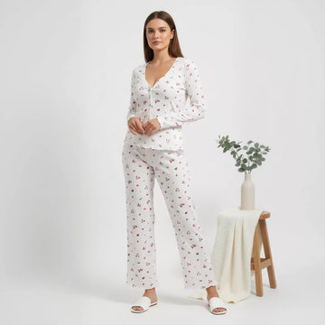 Rose Flower Full Button Women Pajama Set- White