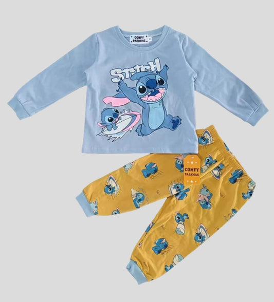 Disney Girls Sets Stitch Girls Full Sleeves Pajama Set - Light Blue-Yellow