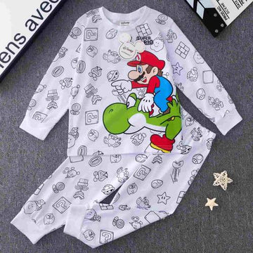 Disney Primark Boys Sets Mario Boys Full Sleeves Pajama Sets- White