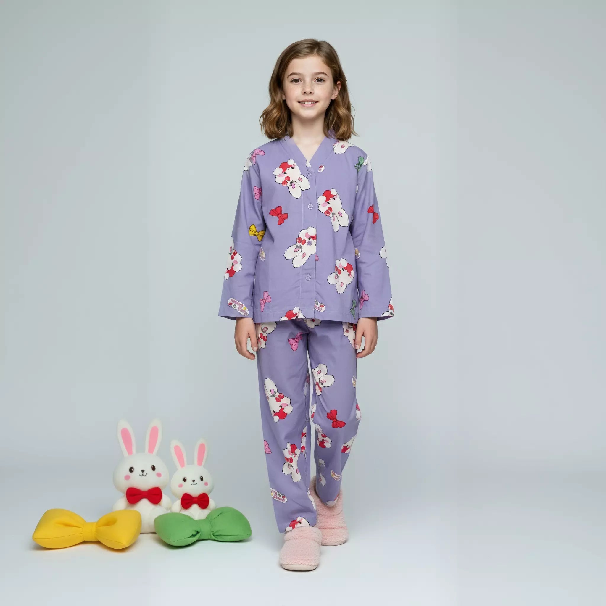 Bunny Girls Woven Rayon Button Pajama Set - Lavender