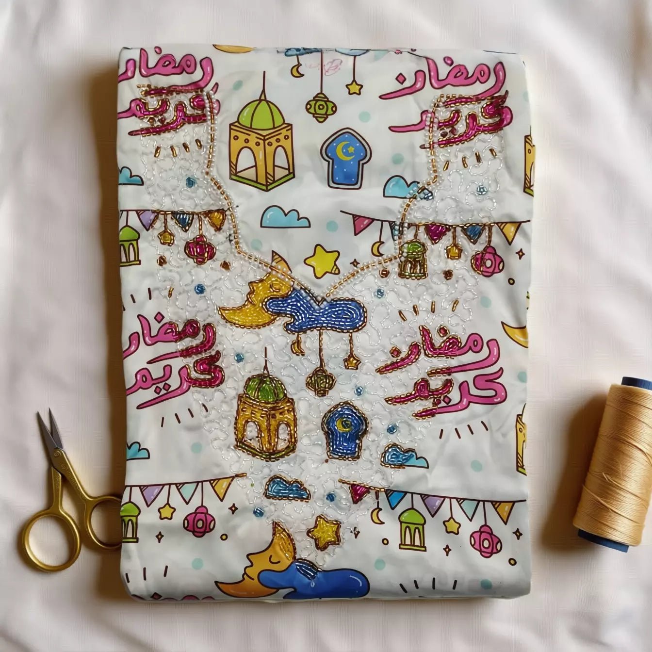 Ramadan Kareem Embroidered Girls Mukhawir - White