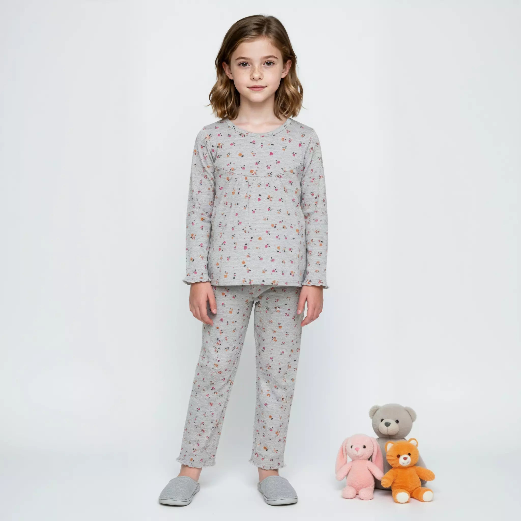 Floral Girls Full Sleeves  Pajama Set- Grey