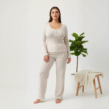 Pink Rose Flower Women Pajama Set- Beige