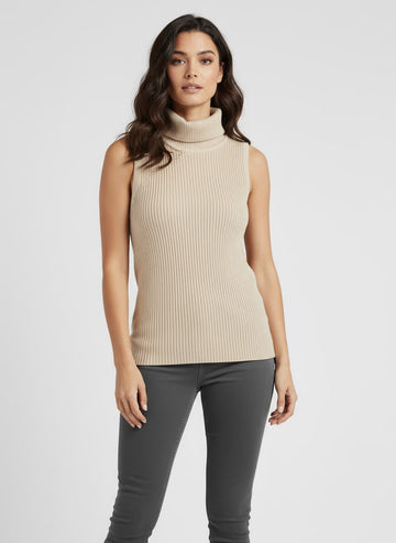 Turtle Neck Women Sleeveless Sweater-Beige