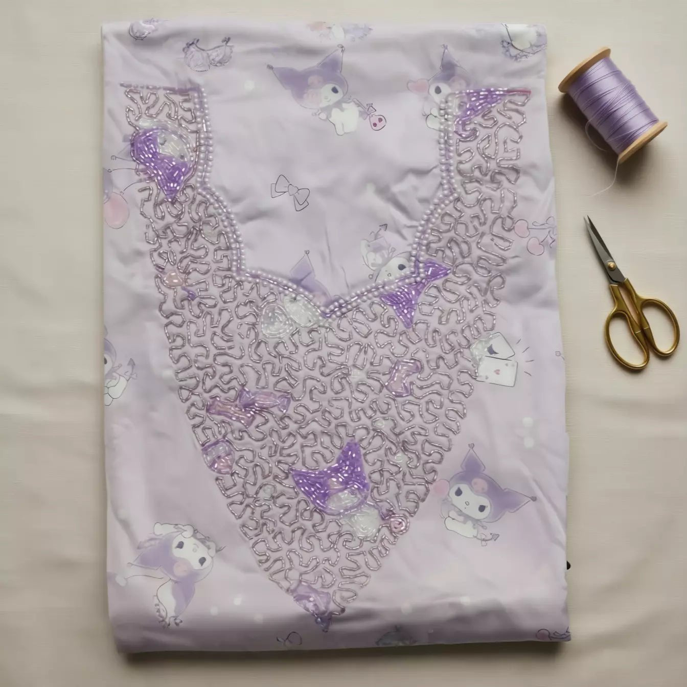 Kuromi Card Girls Embroidered Mukhawir - Light Purple