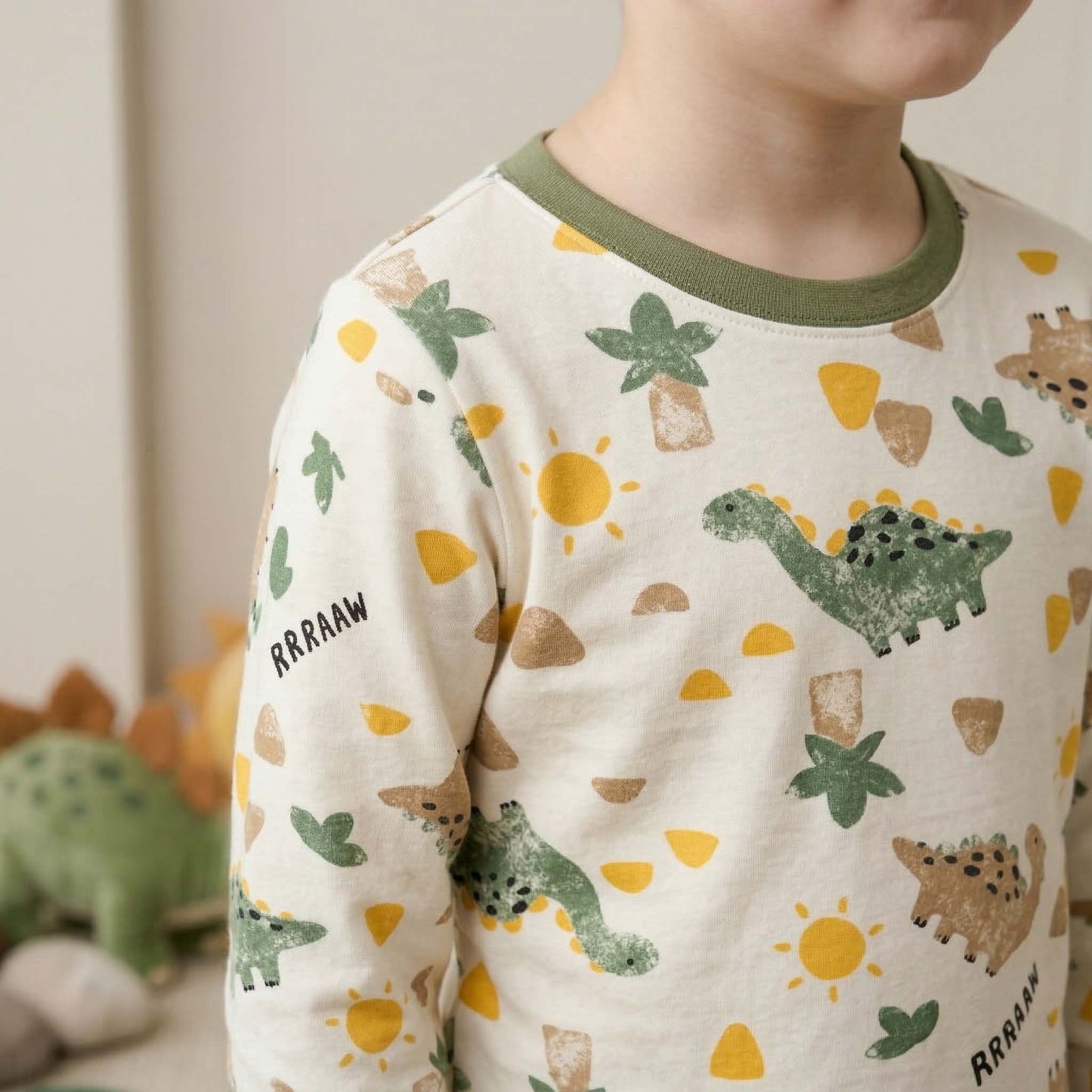 Dino Roarrr Boys Full Sleeves Pajama Set - Cream
