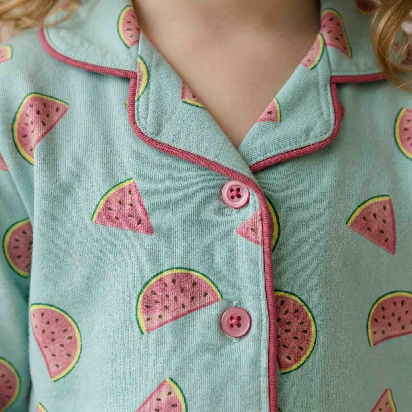 Watermelon Girl Button Pajama Set - Blue