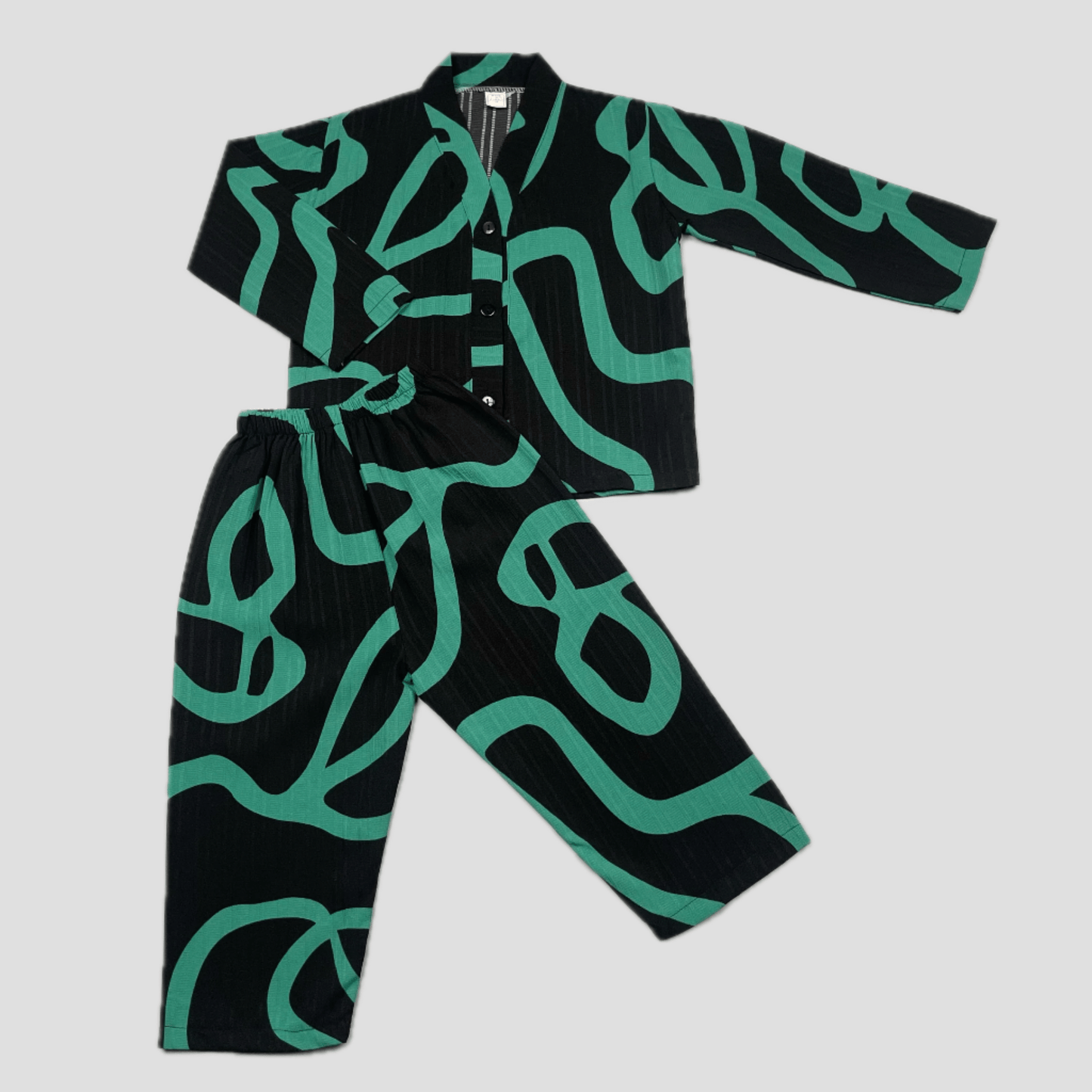 Made in Kuwait Crinkle Cloth Crinkle Cloth Button Up Co-Ord Set - Black-Green