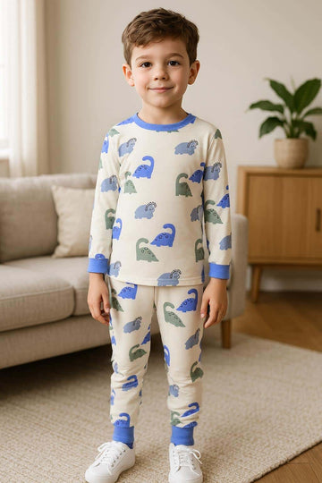 Royal Boys Sets Dino Fun Boy Full Sleeves Pajama Set- Off White