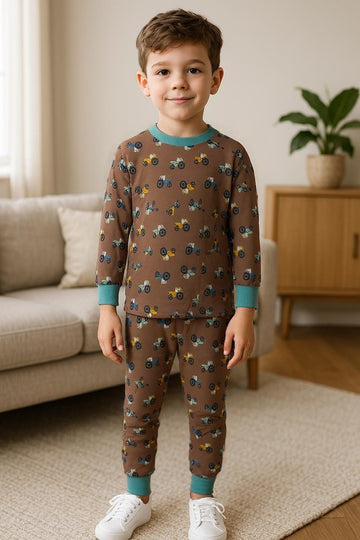 Royal Boys Sets Farm Tractor Boy Full Sleeves Pajama Set- Brown