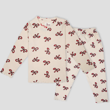 Royal Girls Sets Bow Girls Full Sleeves Pajama Set - Cream