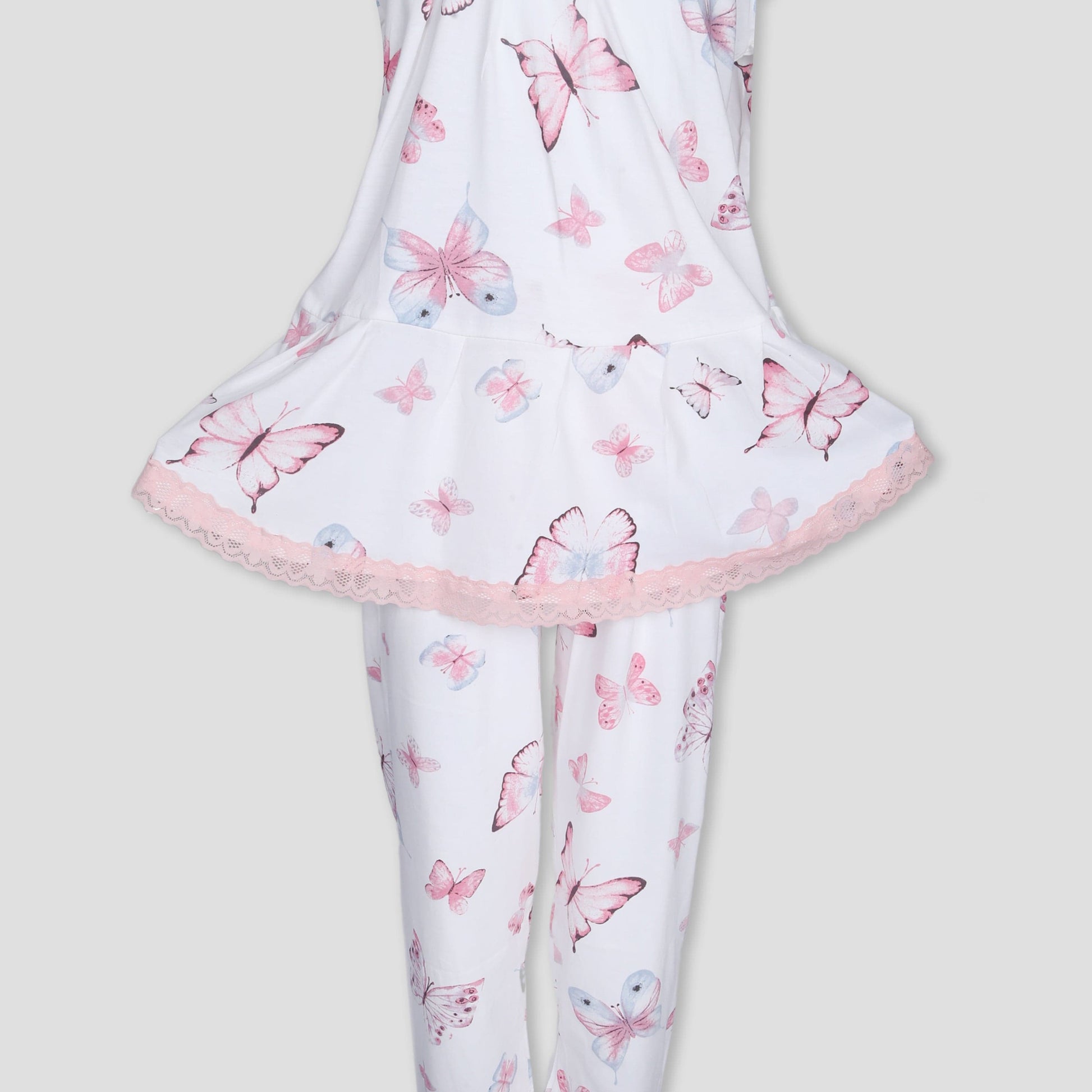 Royal Girls Sets Butterfly Girls Full Sleeves Laced Pajama Set - Cream