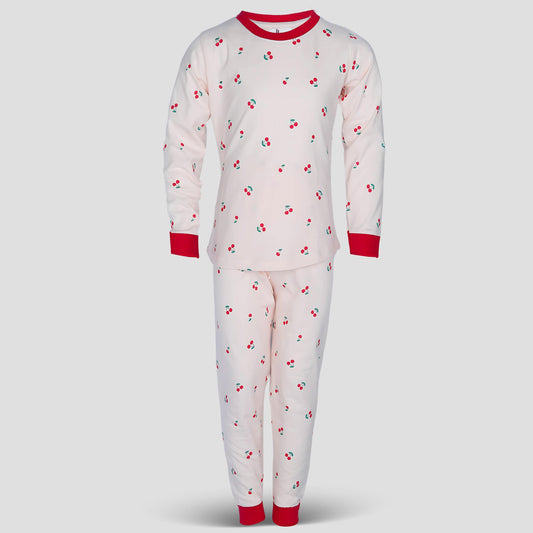 Royal Girls Sets Cherry Girls Full Sleeves Pajama Set - Cream & Red