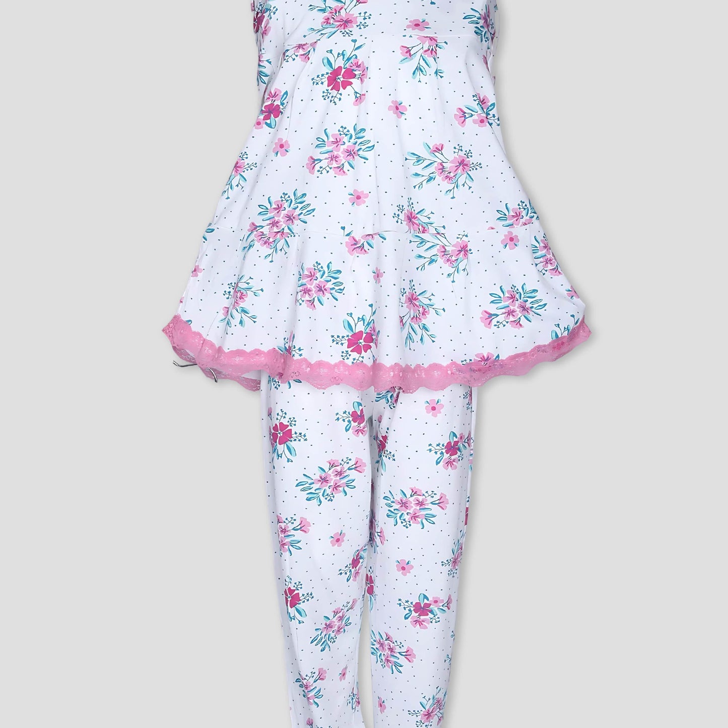 Royal Girls Sets Floral Girls Full Sleeves laced pajama set - White