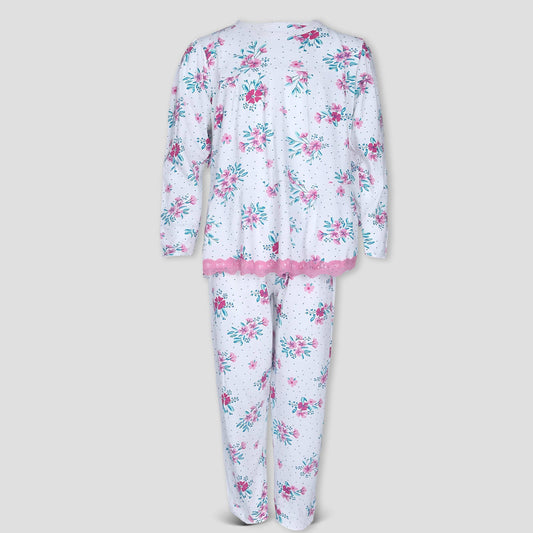 Royal Girls Sets Floral Girls Full Sleeves laced pajama set - White