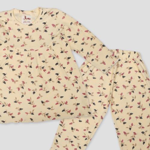 Royal Girls Sets Floral Leaves Girls Full Sleeves Pajama Set- Yellow