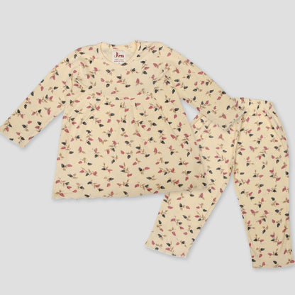 Royal Girls Sets 3 yr Floral Leaves Girls Full Sleeves Pajama Set- Yellow