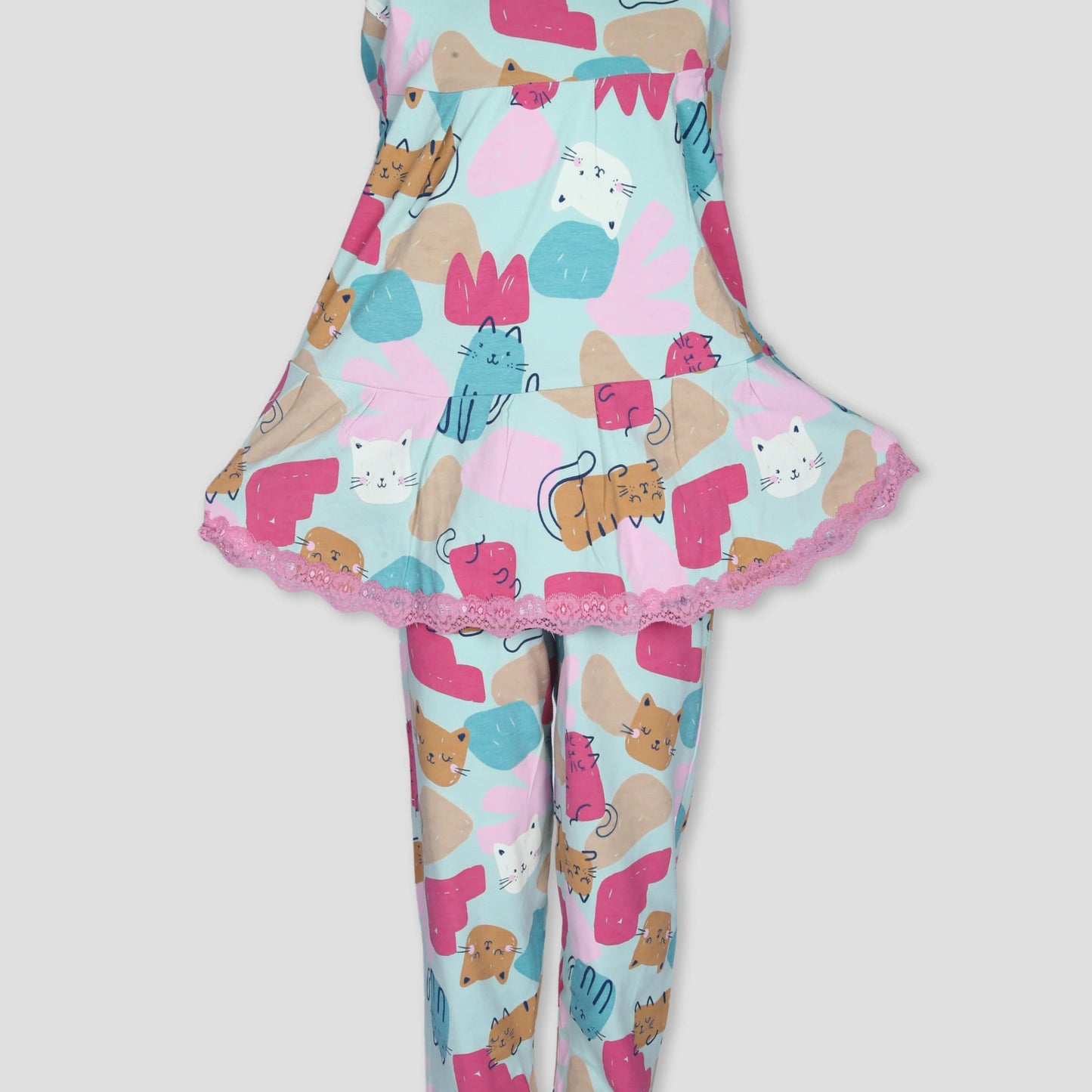 Royal Girls Sets Kitty Girls Full Sleeves Laced Pajama Set - Blue