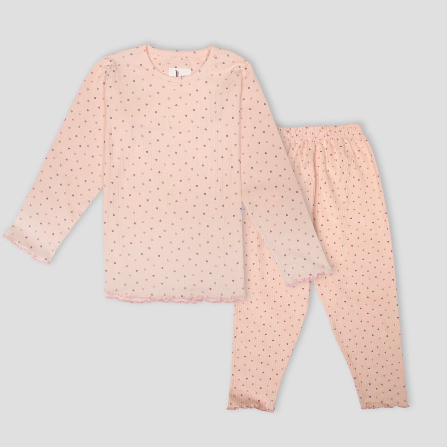 Royal Girls Sets Mini Hearts Girls Full Sleeves Pajama Set - Peach