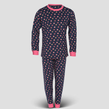 Royal Girls Sets Polka Dots Girls Full Sleeves Pajama Set - Navy Blue