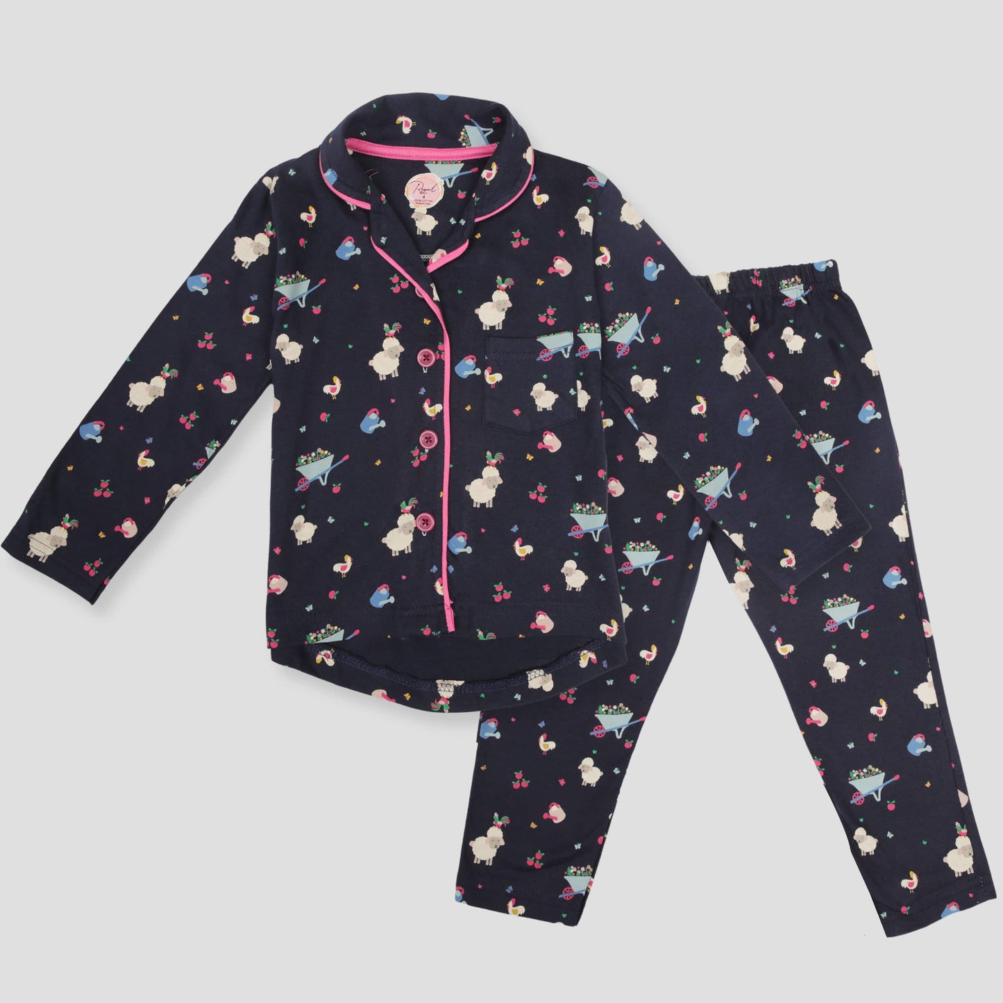Royal Girls Sets Sheep Girls Full Sleeves Button Pajama Set - Black