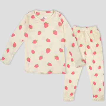 Royal Girls Sets Strawberry Girls Full Sleeves Pajama Set - Cream