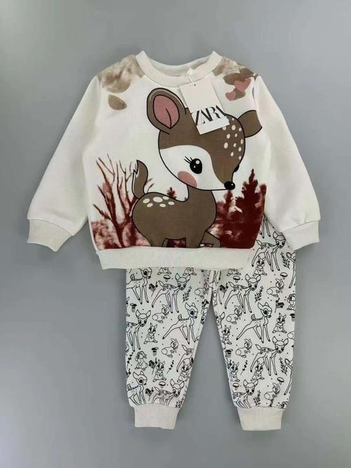 Zara Girls Sets Cute Deer Girl Sweatshirt Set- Creme