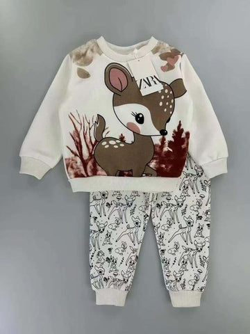 Zara Girls Sets Cute Deer Girl Sweatshirt Set- Creme